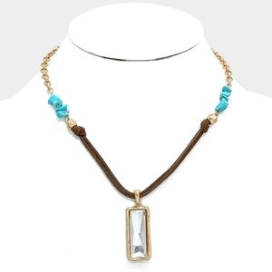 NEW Boho Western Rectangle Crystal Brown Suede Necklace Turquoise Stones